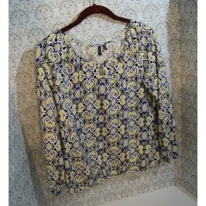 Madison Long Sleeve Keyhole Top Pima Cotton Sz Medium Retro Groovy Blue Floral